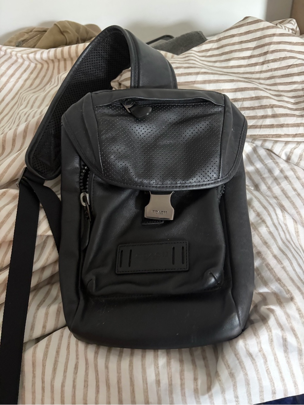 Coach Black Leather Sling Bag with Silver Hardware